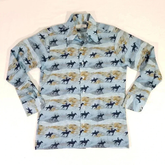 VTG 1980's CHRISTIAN DIOR Paris Horseback Riders All Over Print Silk Shirt Men M - Picture 1 of 10
